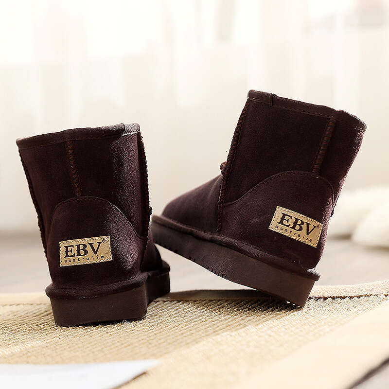 EBV Cowhide Snow for Women, Short Boots, Sheepskin Integrated, Versatile Women's Cotton Shoes, Leather Boots with Fleece and Thickened