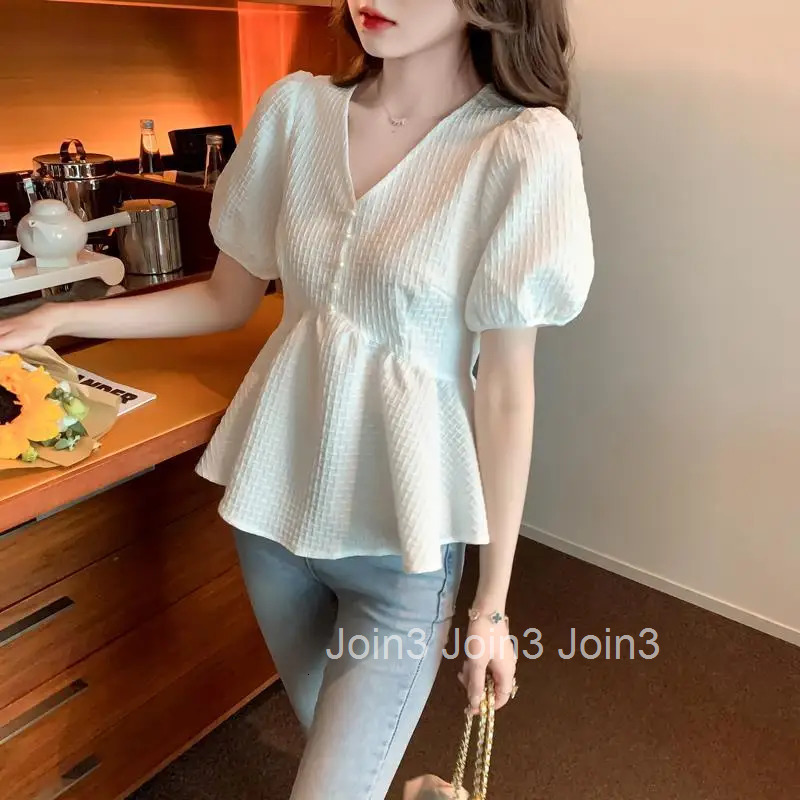 Clothing Ruffle Womens Shirts and Blouses Frill Top for Woman Chiffon with Puffy Sleeves V Neck White Tall Elegant Social M Y2k