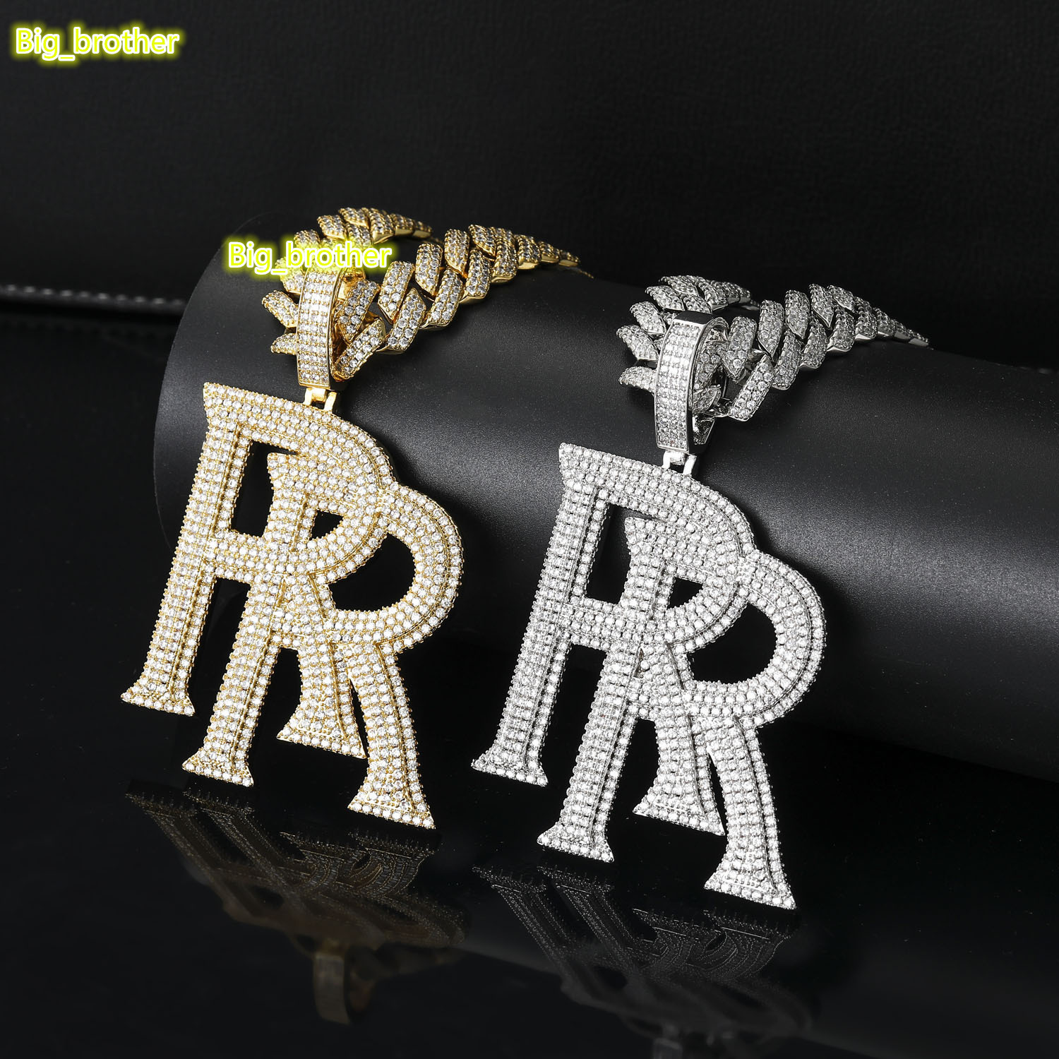 Custom High Quality 14k Initial Pendant R Rope/cuban Link Chain Moissanite Real Gold Necklace for Man Women
