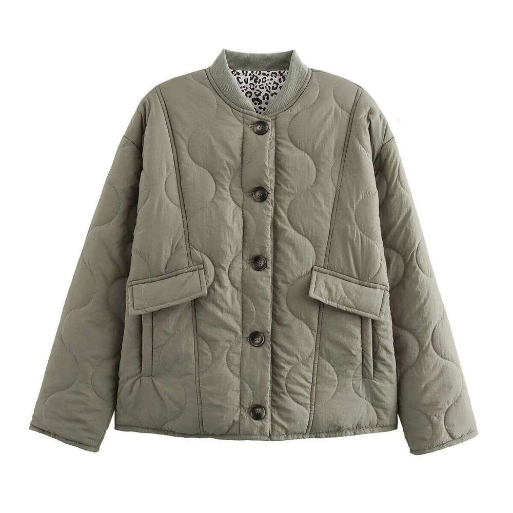 Woman Leopard Inside Quilted Jacket Single Breasted Pocket Warm Ladies Outfit Autumn Winter Fashion Girls Chic Clothes