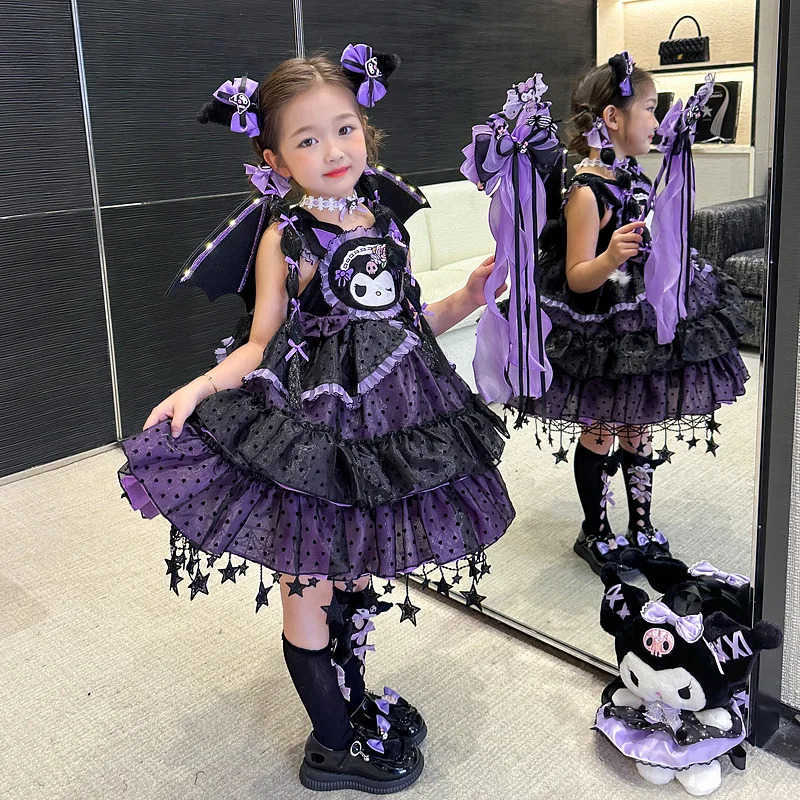 Sanrio Halloween Kuromi Dress Girls Dress 2024 New Autumn/Winter Collection Childrens Elegant Birthday Princess Dress TailXJ250618