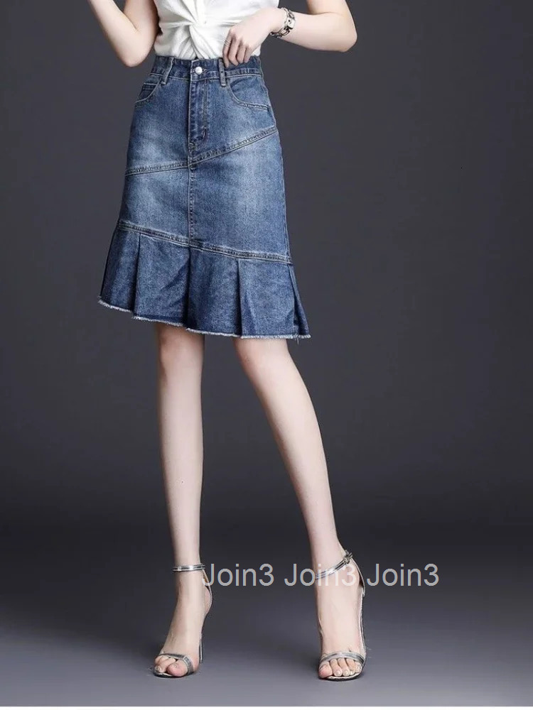 With Pocket Ruffle Womens Denim Skirt Zipper Blue Midi Chubby To Knees Length Female Jeans Skirts High Waist Y2k Vintage Cheap