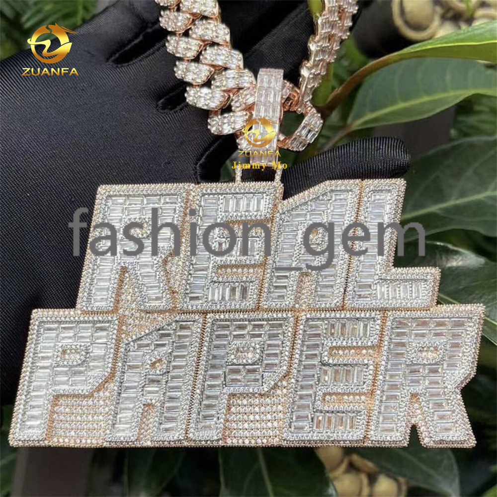 Custom Personalized Big Guy Buss Down Iced Out Initial Letter Baguette Moissanite Diamond Pendant Nameplate Rapper Jewelry S925