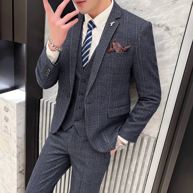 2025 Men's British Fashion Three-Piece Set Slim Fit Suit Vest Trousers Ensemble Handsome Trendy All-In-One Banquet Blaze