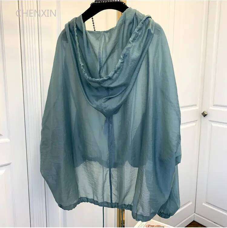 Hooded Jackets for Women, Summer Sunproof Zipper Coats, Thin Loose Transparent Outerwear, Breathable Clothing, Lightweight Black Apparel