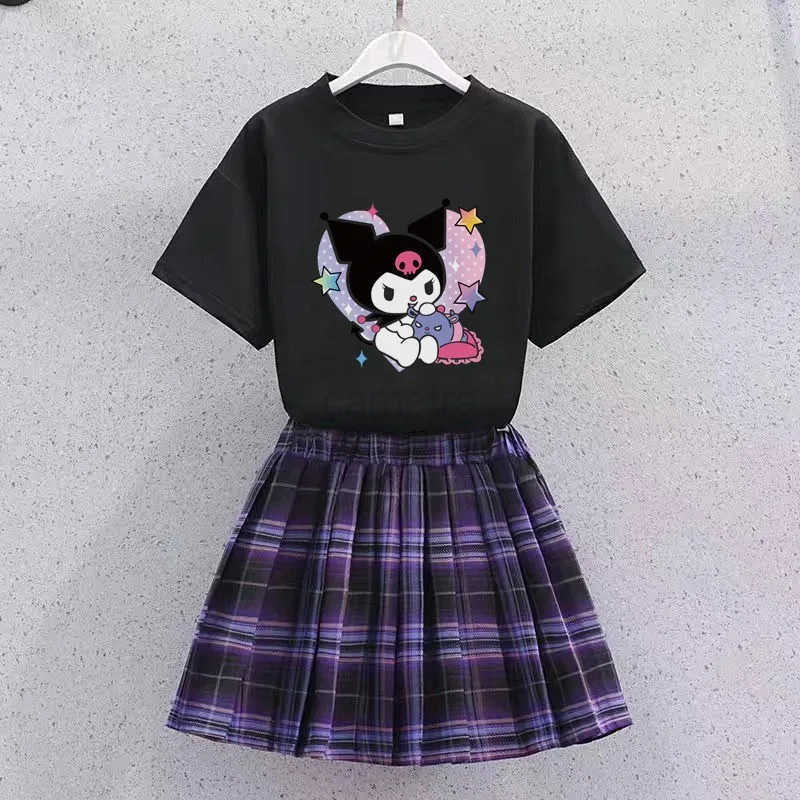 Sanrio Kawaii Kuromi Children T-shirt Pleated Skirt Two Piece Set MINISO Anime Lovely Student Summer Fashion Printing JK Uniform New XJ250618