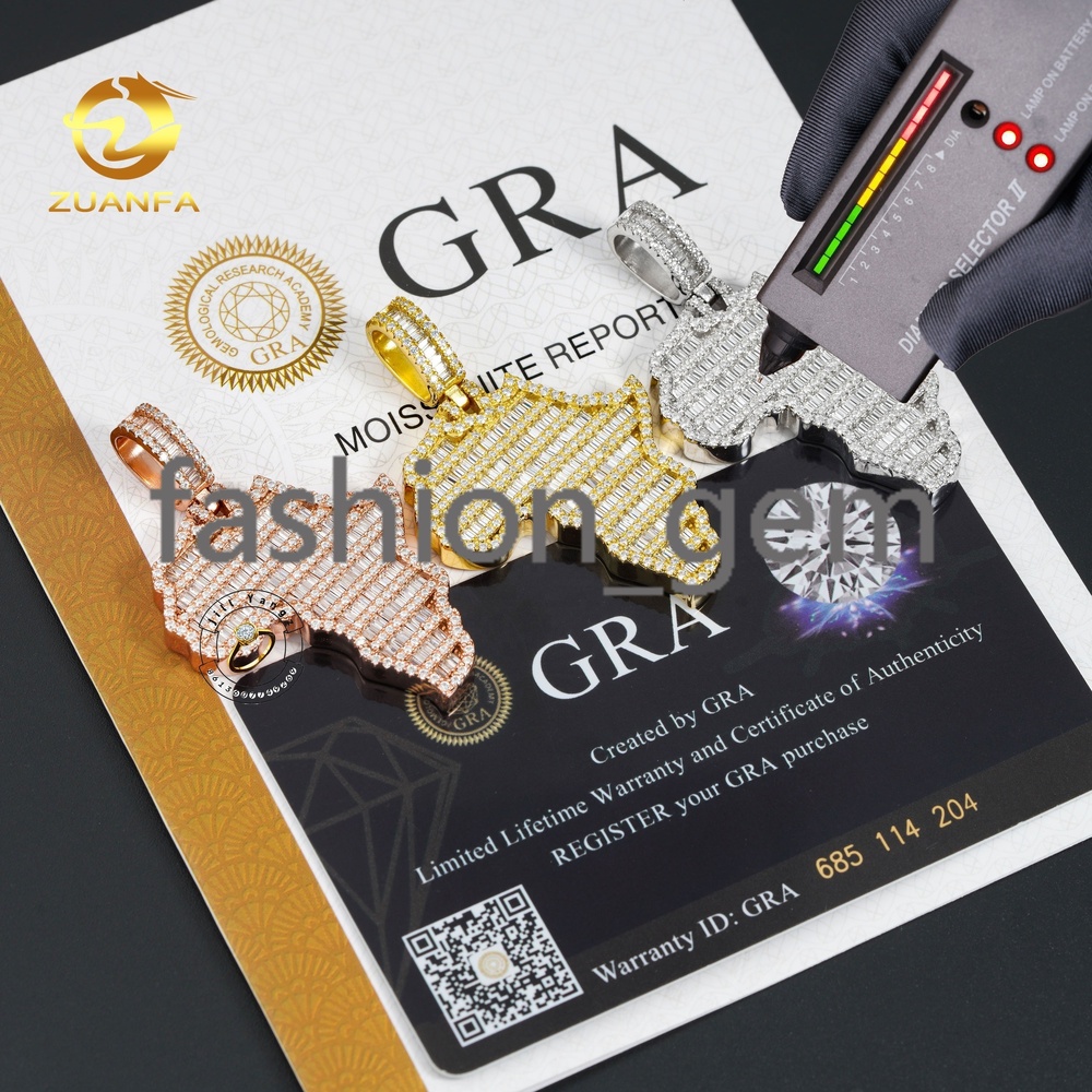 Pass Diamond Tester African Map Pendant Charms Full Baguette Moissanite 925 Silver Jewelry Hip Hop Iced Out Gifts