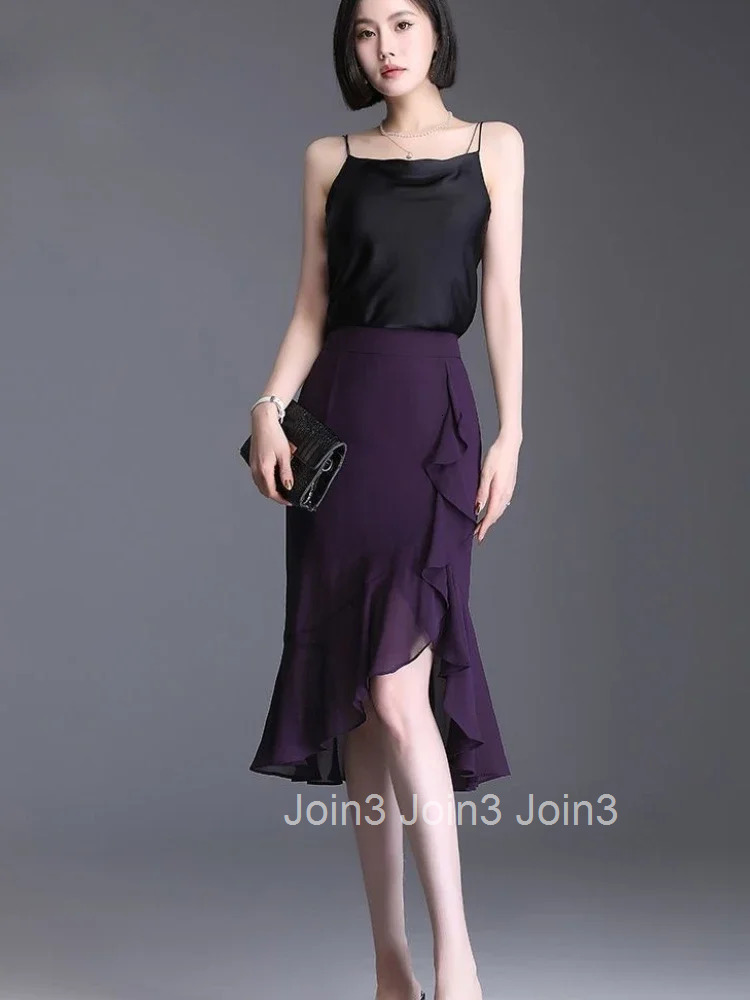 Ruffle High Waist Woman Skirt Midi Chiffon Tight Skirts for Women Purple Wrap Korean Style Clothing Sales Quality Summer 2025 V