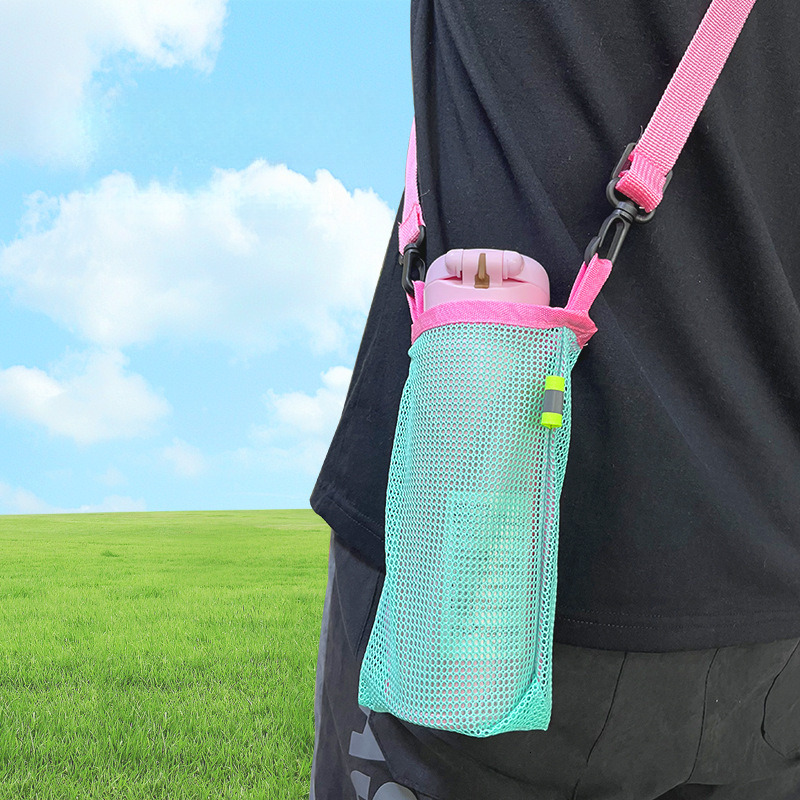 Outdoor Crossbody Water Bottle Pouch Mesh Shoulder Strap Travel Portable Drink Milk Tea Storage Bag
