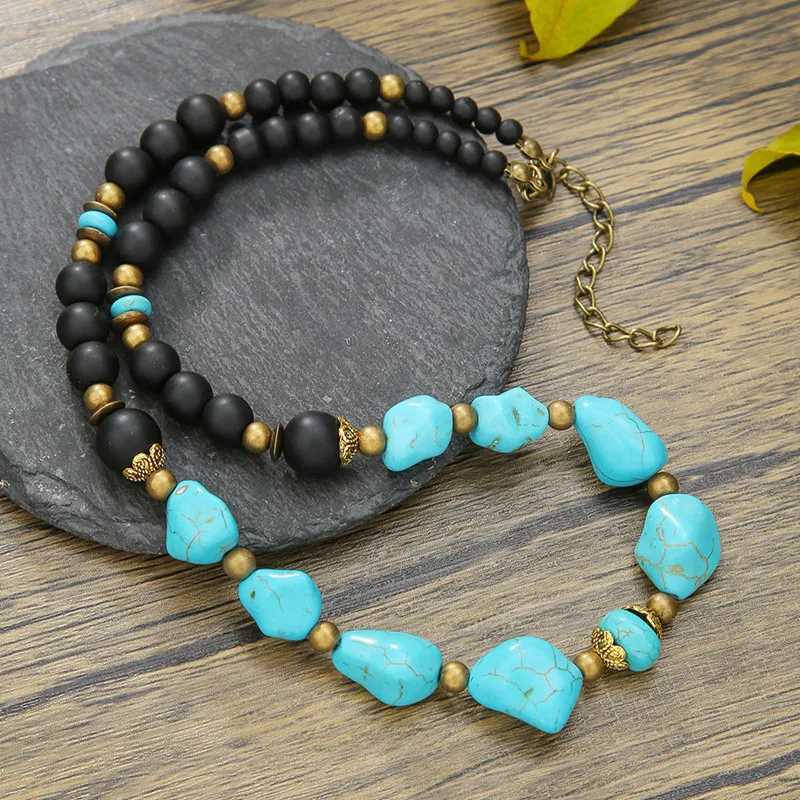 1PCS Fashion Irregular Turquoise Chains Necklace For Men Women Boho Stone Pendant Necklaces Jewelry W250618