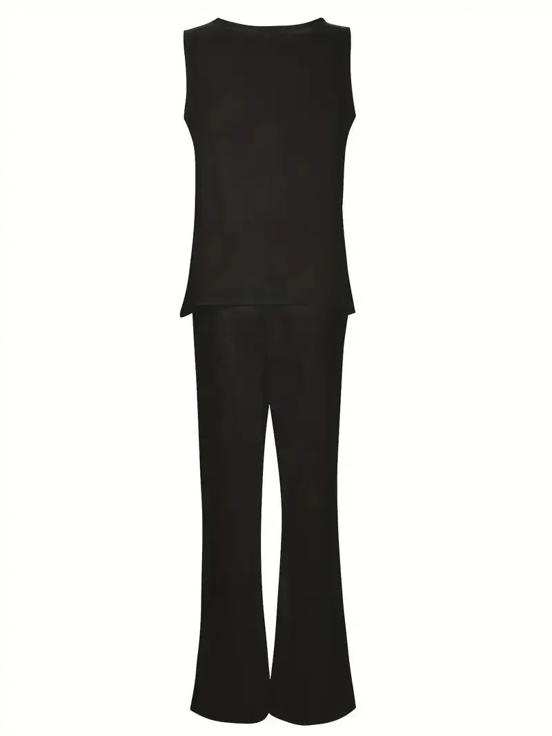 Plus Size Womens Two Piece Set Solid Top Wide Leg Pants Outfits 2 Piece Set Round Neck Casual Outfits Tank 250609