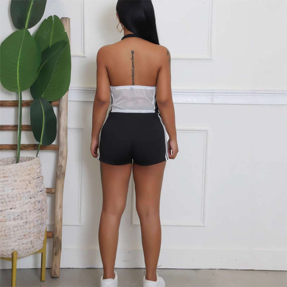 Summer New Women's Sexy Hot Girl Printed Backless Halter Neck See-Through Hollow Out Tube Top Shorts Set B5
