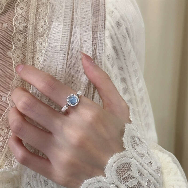 High Aquamarine Pink Imitation Agate Pearl Fashionable High-end Elastic Rope Internet Celebrity Index Finger Ring