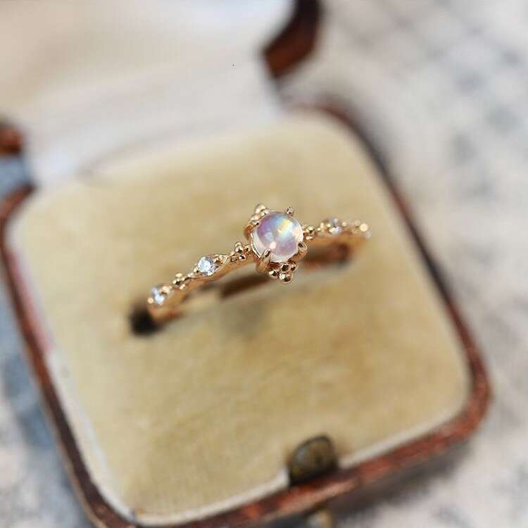 High Imitation Natural Blue Moonstone Adjustable Open Ring for Women, Gold Plated, Luxurious Inlay