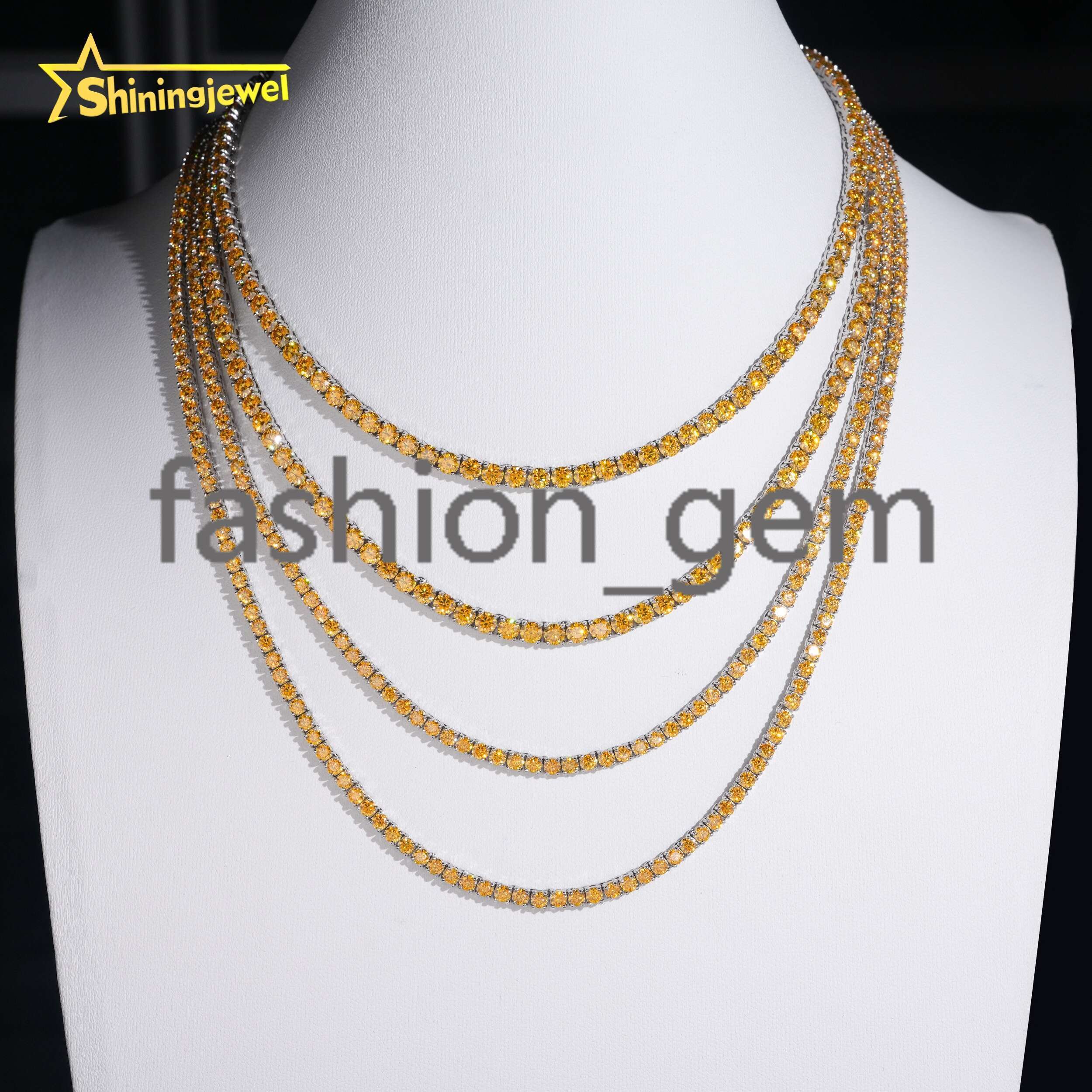 New Arrival 3mm 4mm Yellow Gold Moissanite Diamond Tennis Necklace 925 Silver Fashion Jewelry Hip Hop Tennis Chains Bracelet