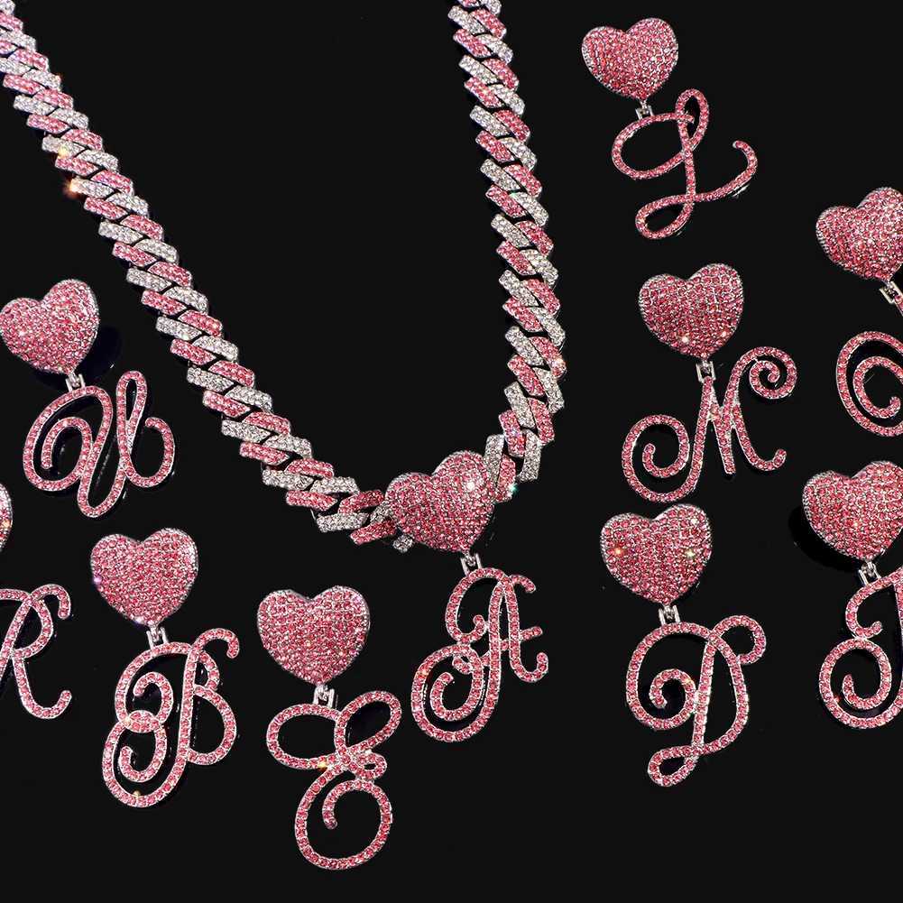 Hip Hop Bling Pink Crystal Cursive Initial Letter Cuban Necklace for Women Iced Out Paved Cuban Chain Necklace Choker Jewelry W250618