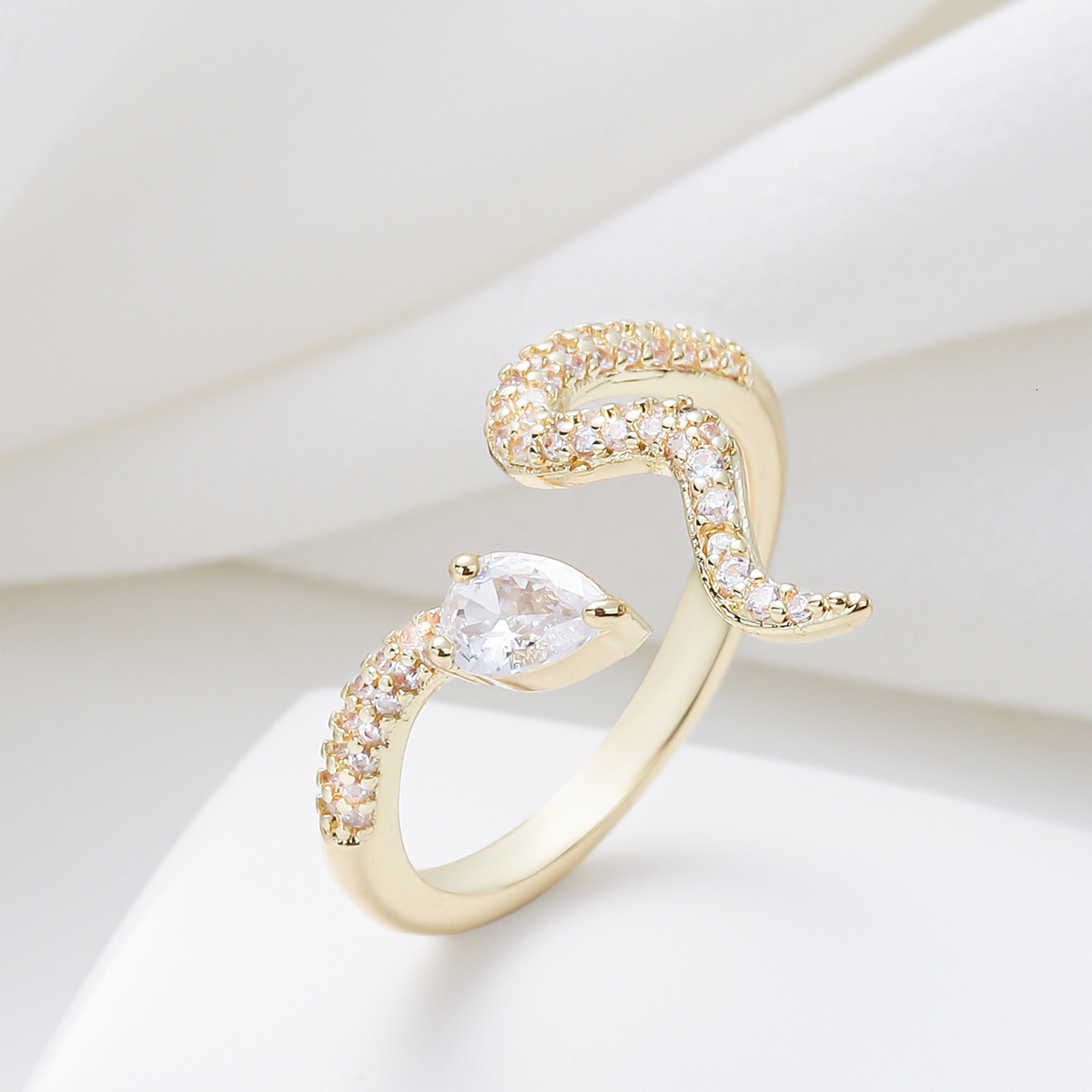 Korean Style Fresh and Simple Women's Ring, Personalized Twisted Snake Inlaid Zircon Adjustable Open Ring for Index Finger