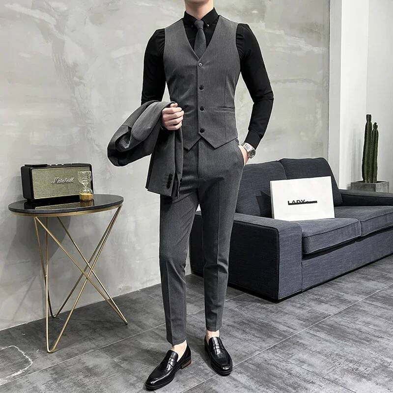 ( Blazer Vest + Pants ) Boutique Fashion Solid Color Men's Slim Casual Business Suit Three-Piece Set Groom Wedding Dress Party