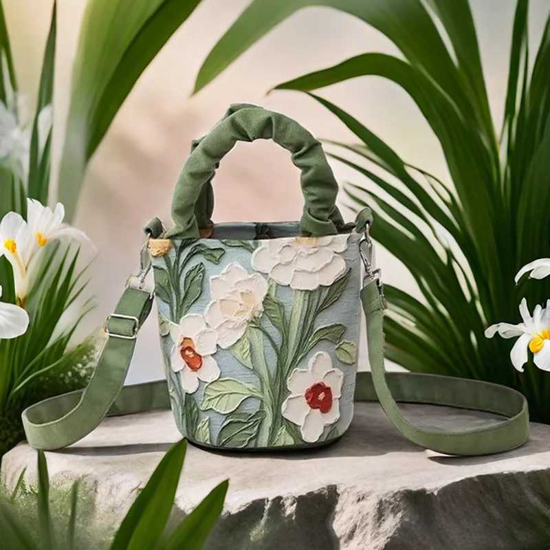 Oil Painting Flower Advanced Feeling Crossbody Handle Bucket Bag Womens Bag Korean Illustration Literary Watercolor Creative Z250618