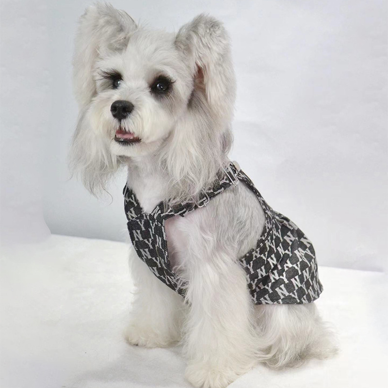 Pet Dog Harness Dress, Luxury Imitation Design 'NY' Pattern Letter print, Princess Puppy Dresses with Button Closure, Summer Dog Clothes for