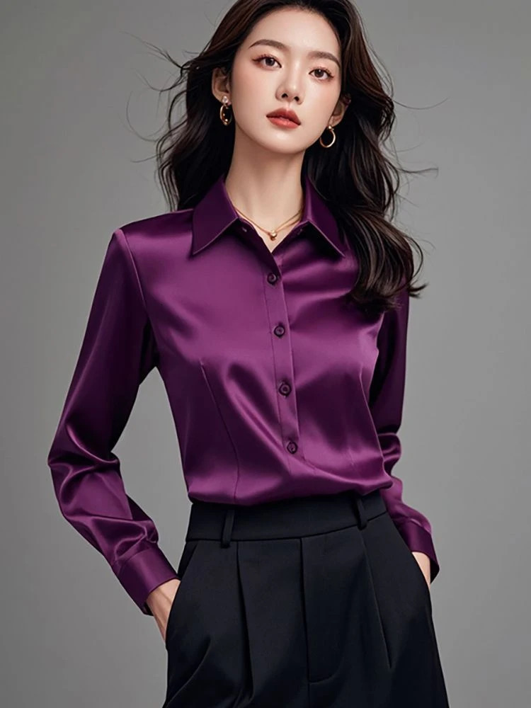 Elegant Silk Office Shirts Women Korean Fashion Y2k Clothes Slim Long Sleeve White Black Blusas Mujer Workwear Tops and Blouses 250617