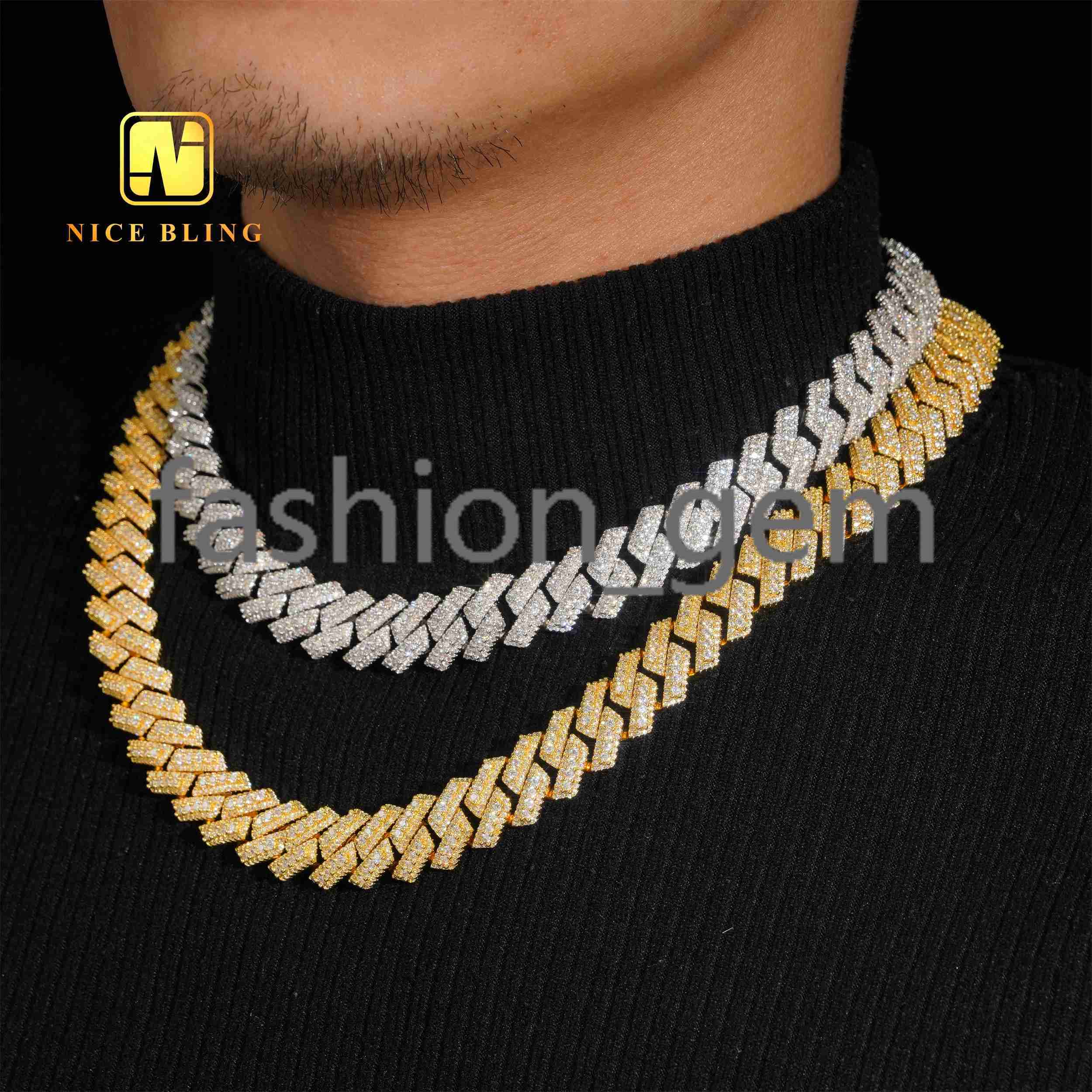 Factory Price Hip Hop Jewelry Cuban Necklace 15mm Iced Out Cuban Clink Chain Men 18k Gold Plated Brass moissanite moissaniteia Necklace
