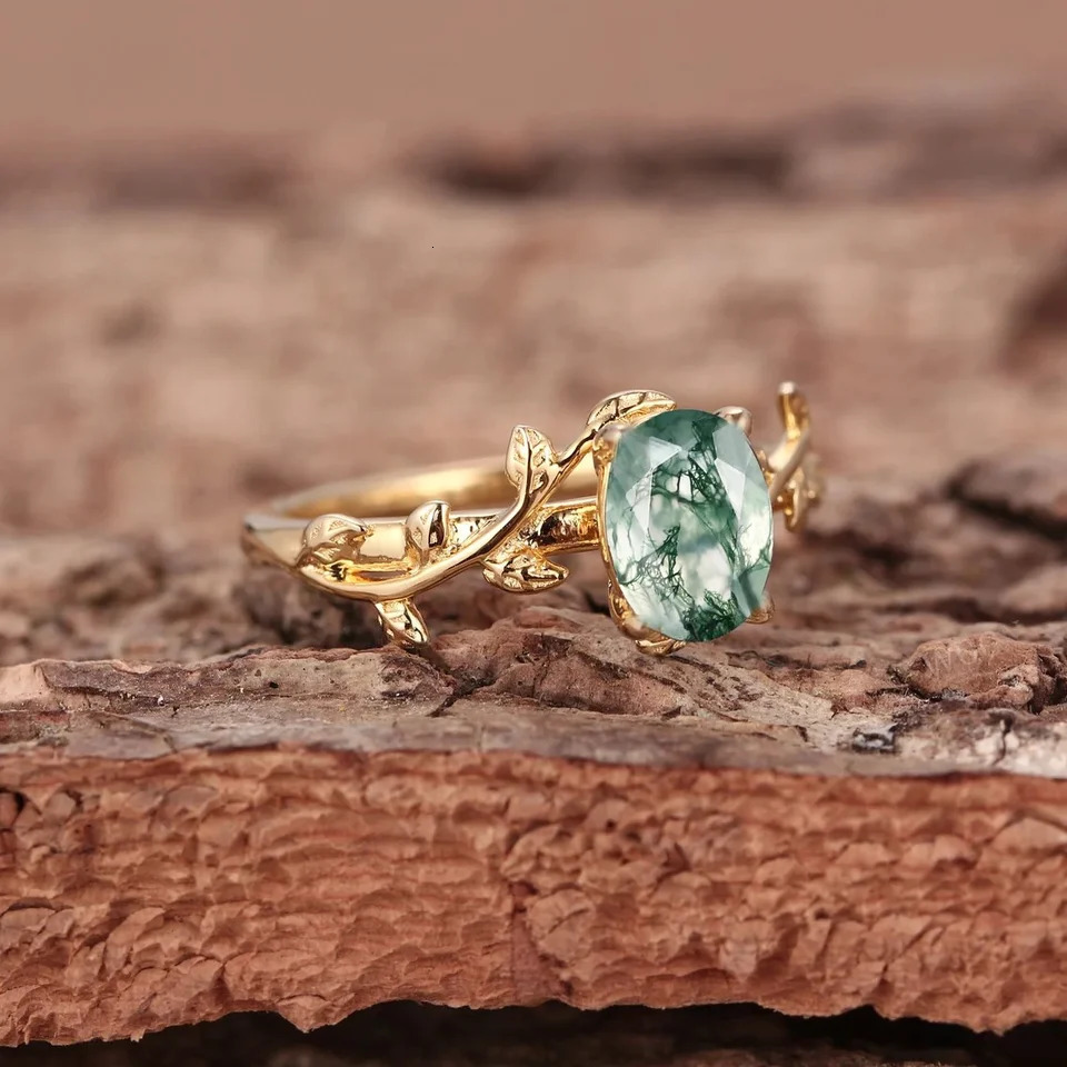 Real 925 Sterling Silver Cocktail Oval Shaped Moss Agate Rings Leaf Branch Ring For Woman Wedding Gifts High Quantity Jewelry 250618