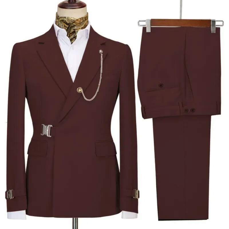 2 Pieces Green Belt Double Breasted Mens Coat Pant Latest Design Wedding Suits Groom Prom Tuxedos Blazer Set