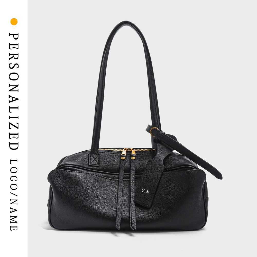 Gold Stamping First Letter 2025 Spring and Summer Genuine Leather Bowling New Wens Bag Simple First Layer Cowhide Bost B250618