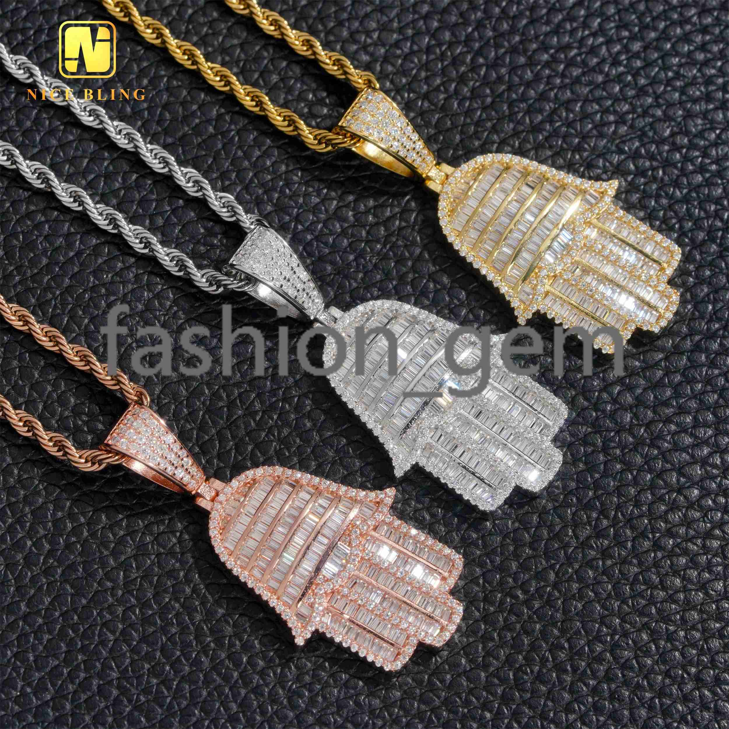 Iced Out Baguette Moissanite Hand Pendants 925 Silver Hip Hop Jewelry VVS Moissanite Diamond Hamsa Hand Pendants