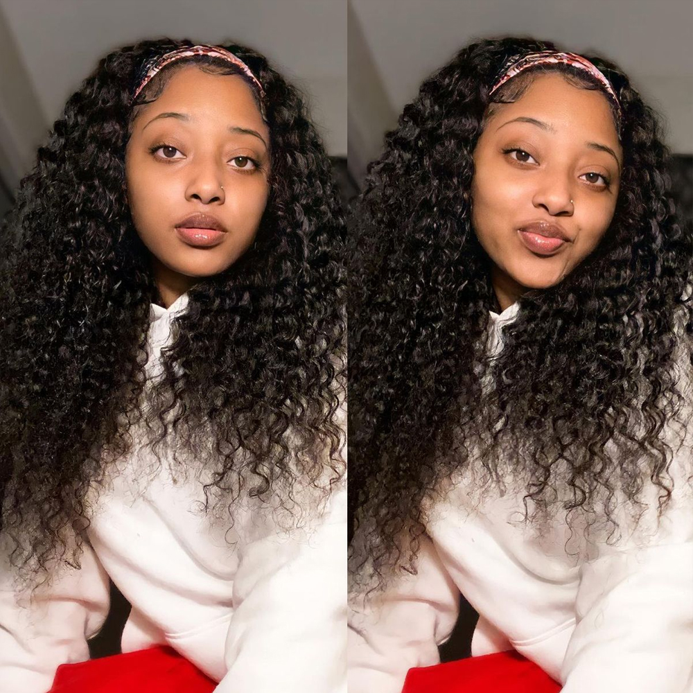 32 Inches Headband Wig Human Hair 250% Density Water Wave Glueless Wig Full Machine Made Deep Curly Headband Human Hair Wigs for Women
