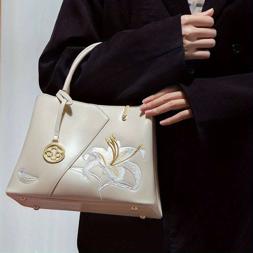 Luxurious Embroidered Handbag With Lily Flower Pattern, Pefect Match For Qipao And Other Traditional Dresses