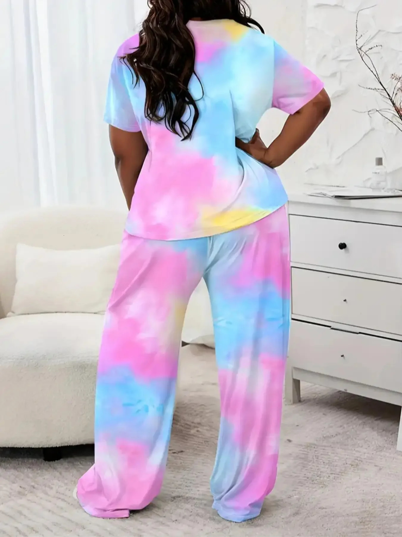 Womens Fashion Plus Size Print Top and Long Pants Sets Ladies Casual Round Neck Short Sleeve Tshirt Pants Home Twopiece Set 250609