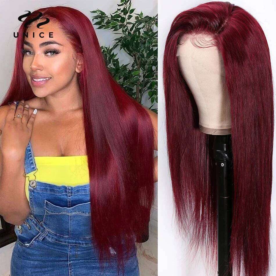 UNice 99J Straight Human Hair Pre Plucked 13x4 Frontal Bury Lace Front Wig US Free Shipping