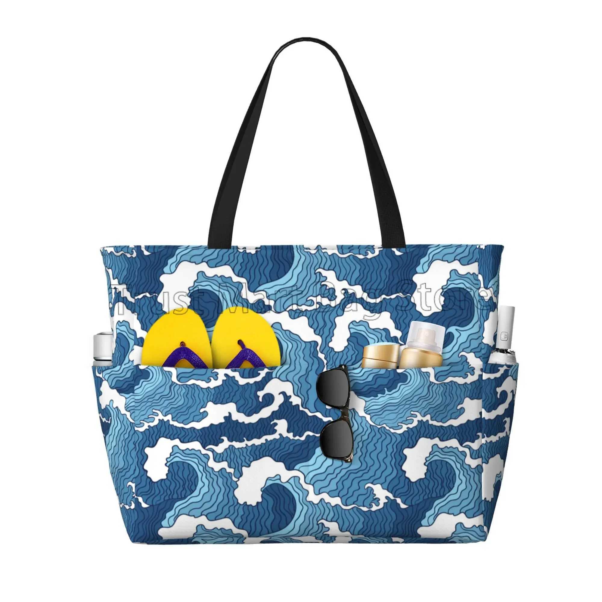 Sea Wave Beach Tote Bags for Women Waterproof Sandproof Large Pool Bag Stylish Zipper Beach Tote for Gym Travel Shopping School B250618