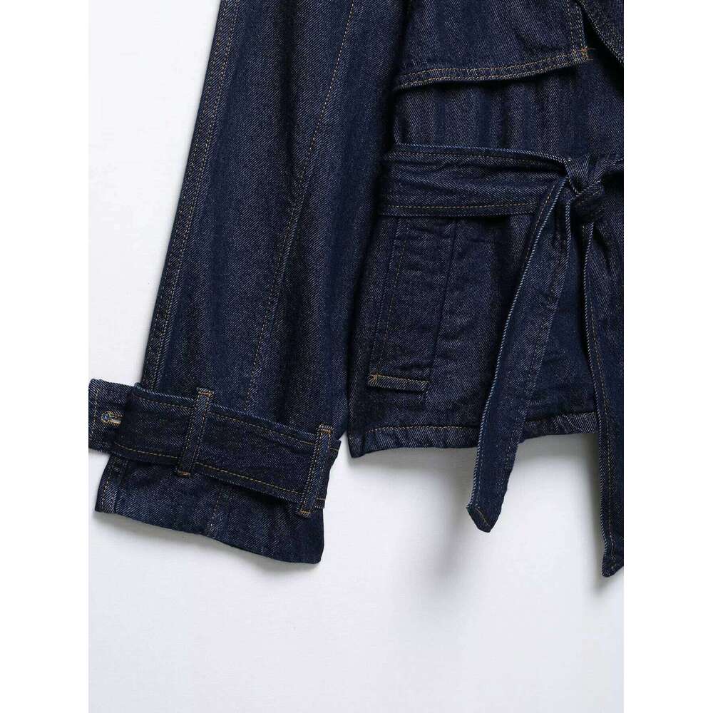 Spring 2025 New Women's Clothing European American Style Blue Waistband Short And Wide Design Denim Trench Coat