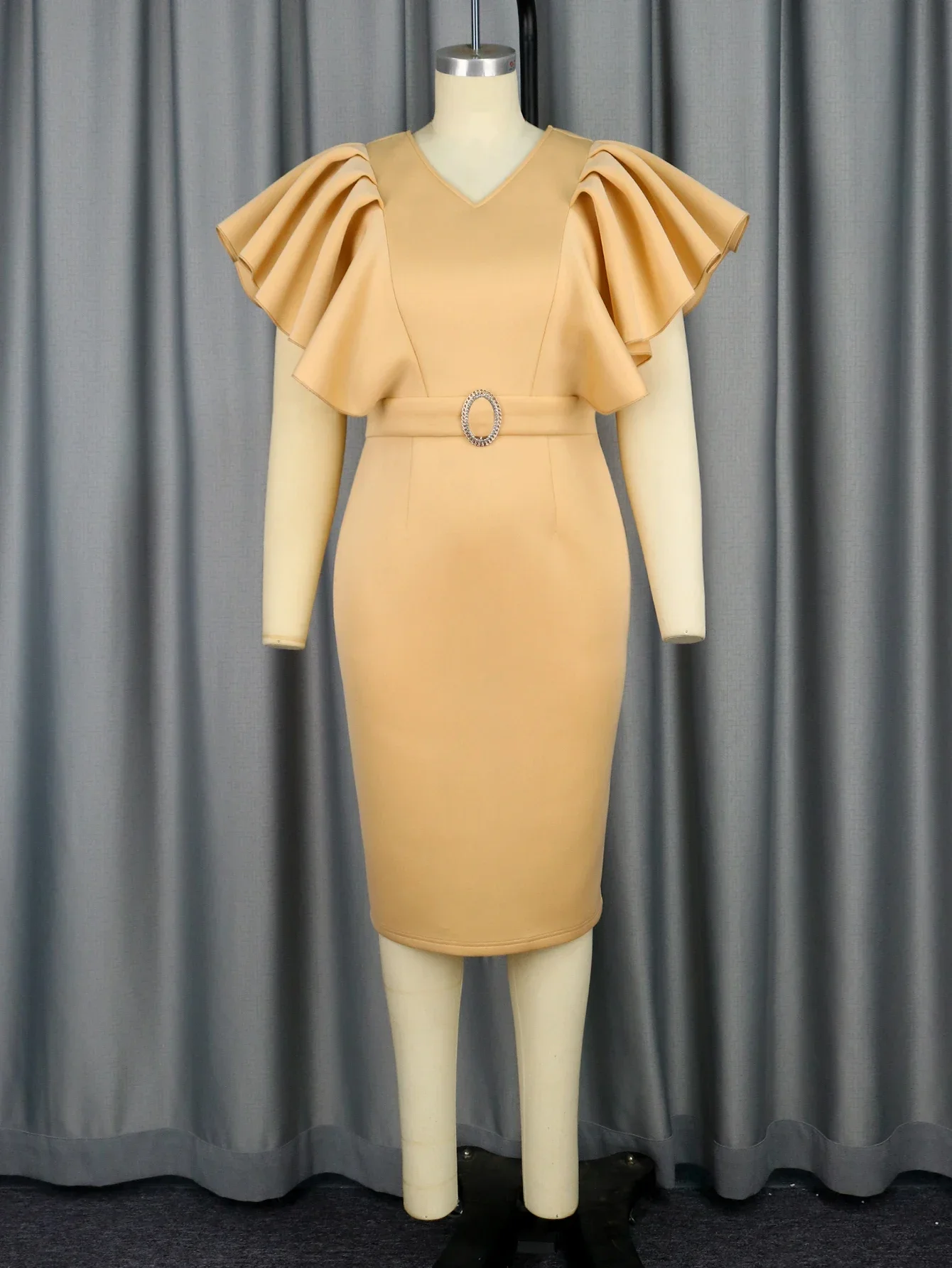 Mid Elegant Sheath Bodycon Dress Woman Big Flare Sleeve V Neck Slim Fit Evening Celebrate Birthday Wedding Guest Plus Size Outfit