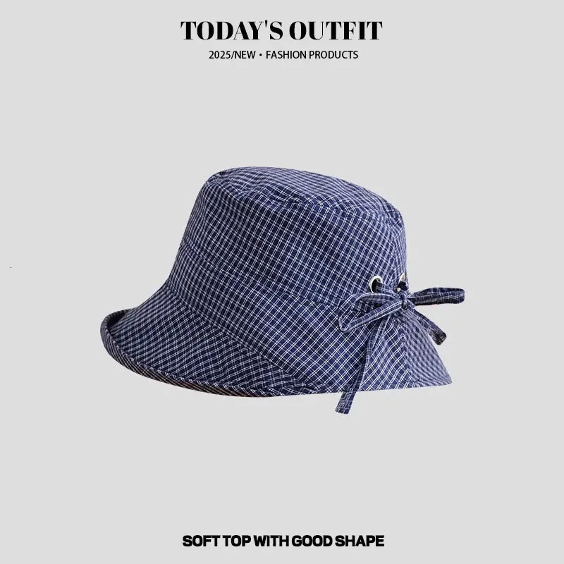Japanese Style Fisherman Hat Women Summer Check Pattern Rolled Brim Wide Brim Face Slimming Bucket Hat Sun Protection 250618
