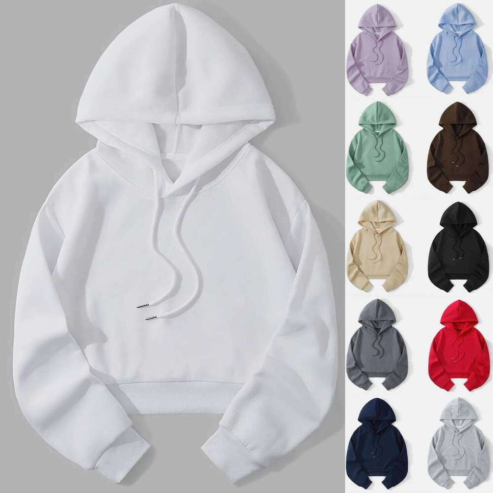 Women's Solid Color Cropped Hoodie, Warm Fleece Sweatshirt in Sporty Style, Loose-Fit Casual Brand Sweatshirt, Streetwear