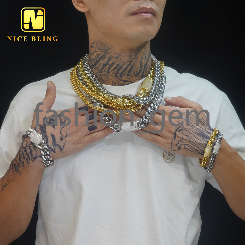 Hip Hop Iced Out Moissanite Diamond Clasp 8mm 10mm 12mm 14mm 18mm 925 silver 925 silver Pvd Gold Plated Miami Cuban Link Chain
