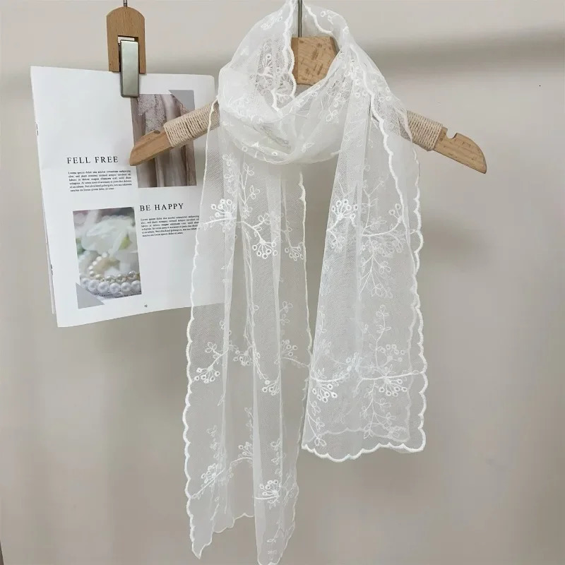 Summer 1PC Women Lace Long Scarf Embroidered Flower Long Silk Female Korean Version Literary Retro Versatile Decorative Shawl 250618
