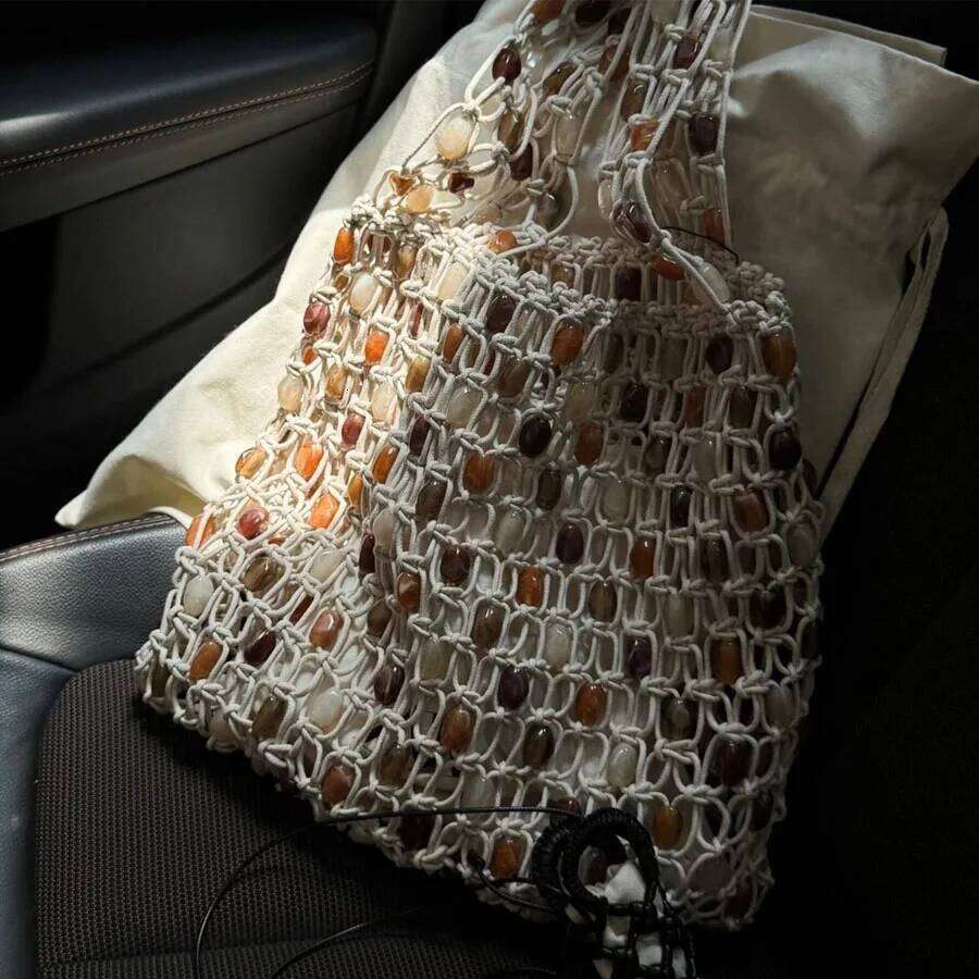 Women Beaded Summer Design Hollow-out Woven Bead Tote Shoulder Bag Female Small Handbag