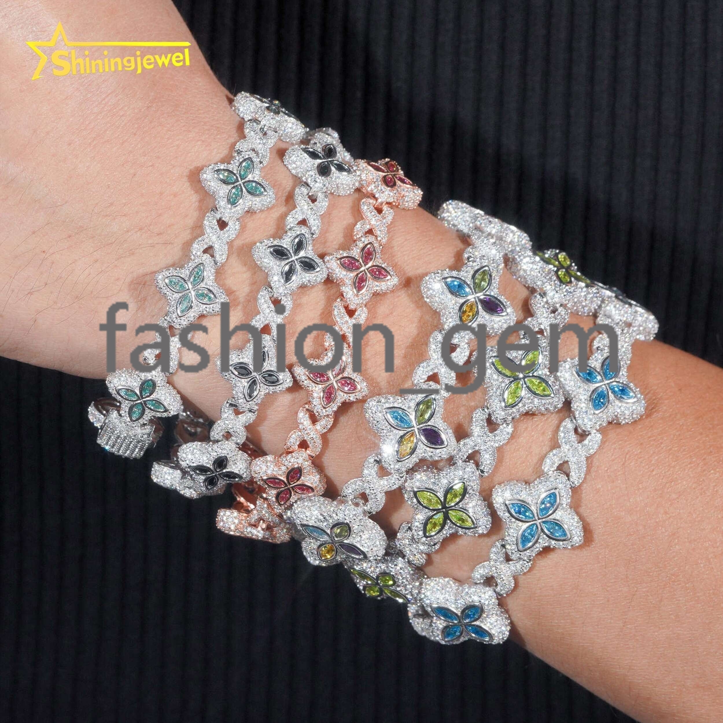 Hot Sale Fine Jewelry Hip Hop Color Diamond 925 Sterling Silver Iced Out Clover Moissanite Bracelet