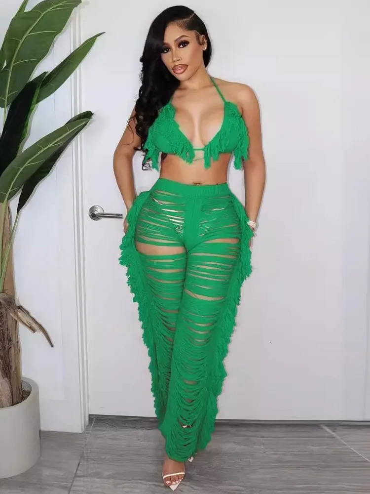 Sexy Women Knitted Set Two Piece Halter Backless Bra Crop Top Pants Crocheted 2 Pieces Hollow Out Crochet Beach Set 250617