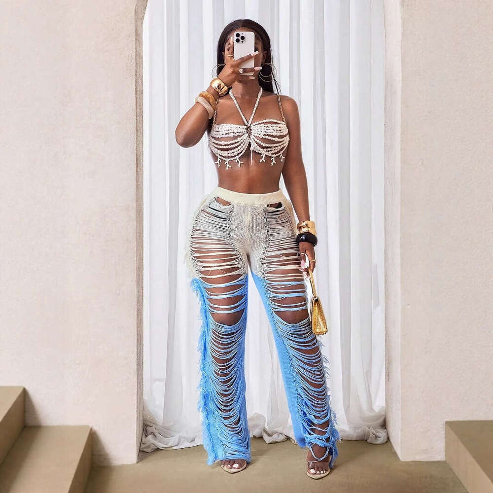 Summer Trendy Women's Fashion Sexy Hollow Out Patchwork Color Block Casual Long Pants B5