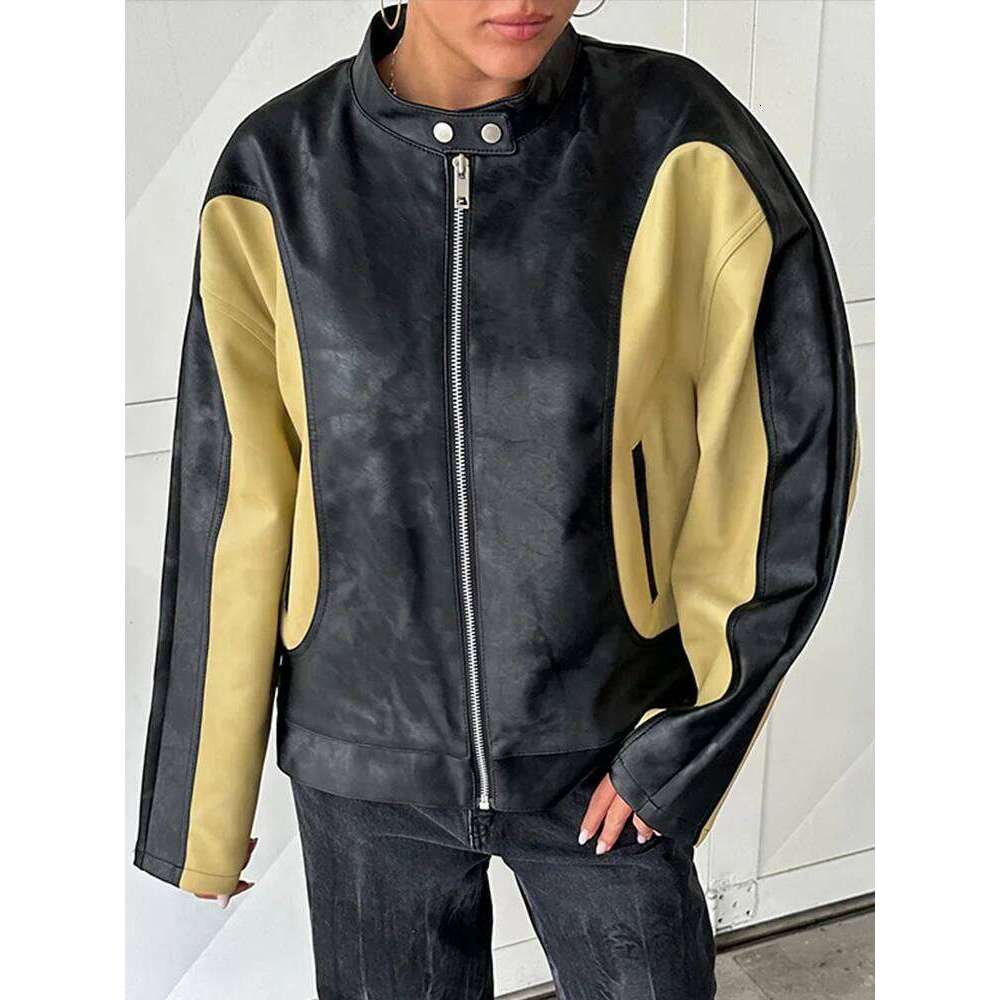 Vintage Contrast Patchwork Women's Leather Jackets O Neck Long Sleeves Zipper Female Motorcycles Coat 2024 Autumn Lady Outwear
