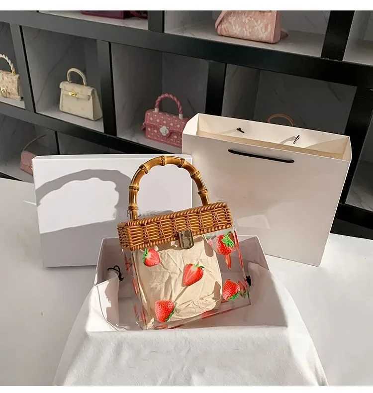 Summer Transparent Acrylic Box Printing Square Bag Bamboo Woven Handmade Handle Handbag Women Holiday Vacation Z250618