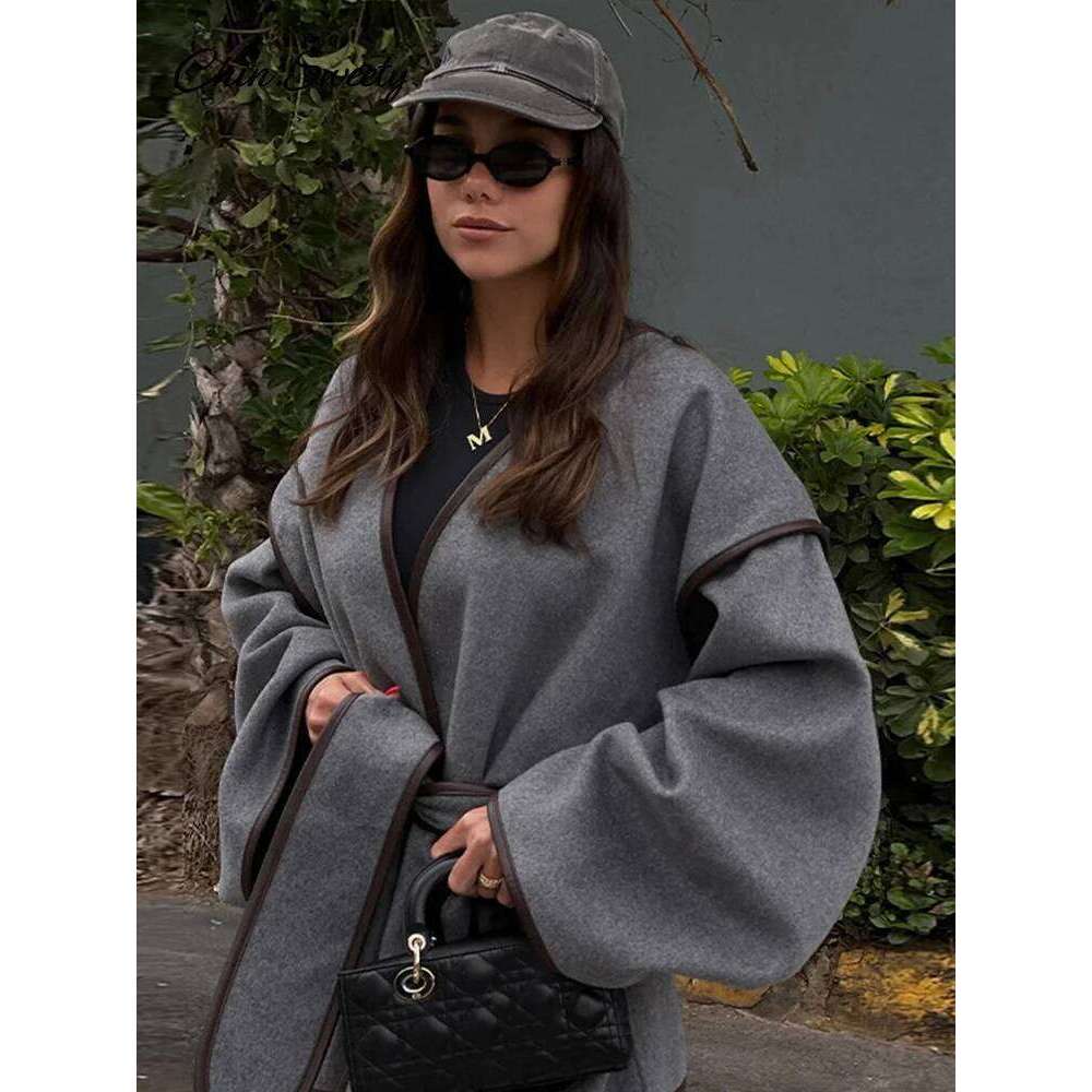 Elegant Patchwork Belt Women's Coats Women Contrast V-neck Long Sleeve Pocket Female Overcoats 2024 Autumn Lady New in Outwear