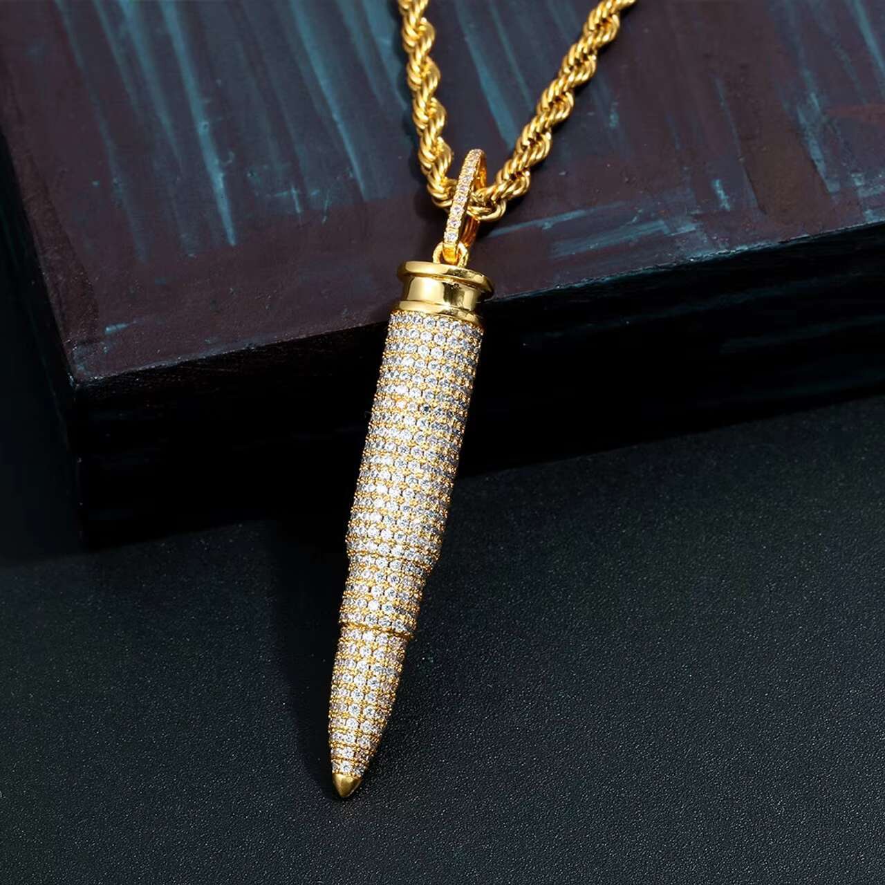New Arrival 14K Gold Plated VVS Moissanite Diamond Pendant Necklace Bullet Design in Hip Hop Style Iced Gemstone Necklace
