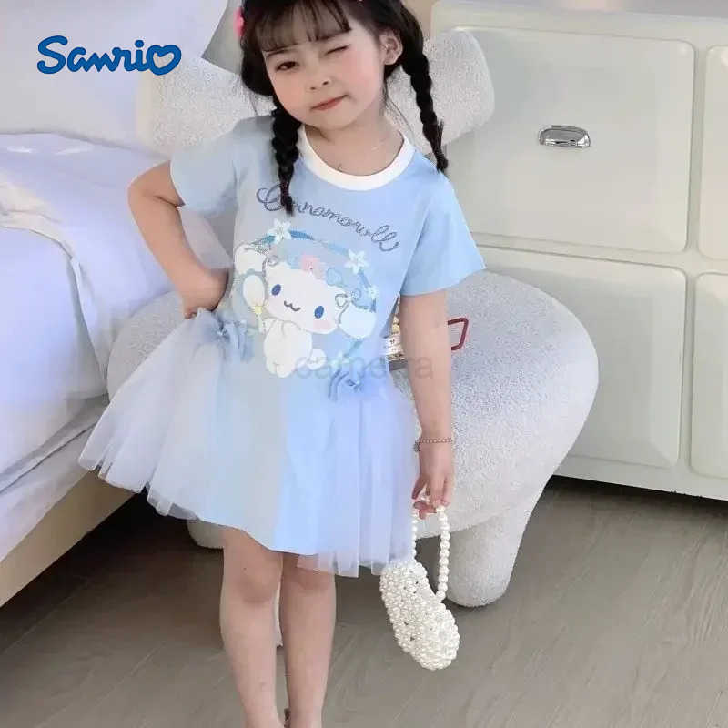 Sanrio Sanrio T-shirt dress summer cute cartoon hello kitty girl kuromi short sleeve hot diamond princess skirt childrenXJ250618